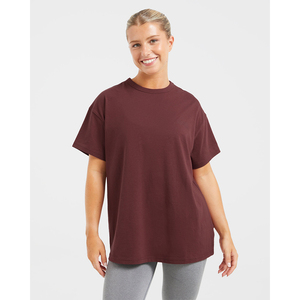 Camiseta de Punto para Mujer, Color Borgoña Sólido, Manga Corta, Cuello Redondo, Casual, Transpirable, Corte Holgado, para Todas las Temporadas - Product Image 2