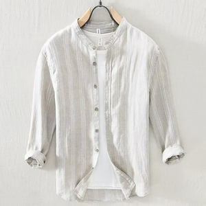 Camisas de Lino para Hombre, Cuello Mandarín, Casual, Holgadas, Manga Larga, a Rayas, Marca Privada, Tela de Lino Puro - Product Image 4