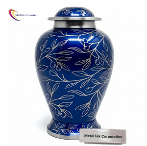 Urne funéraire artisanale en métal bleu pour cendres humaines adultes, urne commémorative en aluminium gravée, grande urne décorative pour souvenirs funéraires - Product Image 1