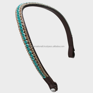 Cristales de lujo verdes y dorados decorativos hechos a mano con forma de onda banda de frente de caballo de cuero genuino en Fabricante Mayorista India - Product Image 1