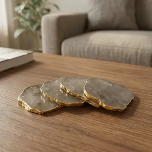 Natural Agate Stone <b>Coaster</b> Set Gold Edge Irregular Round Crystal <b>Coasters</b> Handmade Decorative Tabletop <b>Drink</b> <b>Coaster</b> - Product Image 5