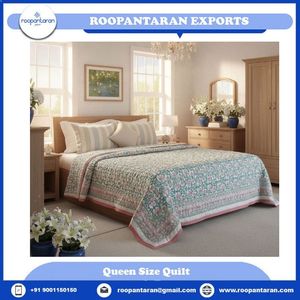 Edredón clásico estampado de fabricante indio, tamaño Queen, de algodón y lino, hecho a mano, para uso doméstico en todas las estaciones, a precio económico. - Product Image 2