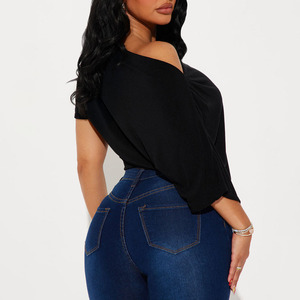 Women's Off-Shoulder Solid Color Bodysuit Short Sleeve Stretch Casual Shirt Full Length Skinny Fit Spandex Polyester Women Suit - Product Image 2