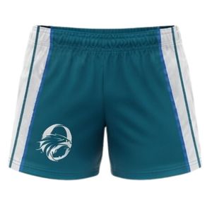 Shorts de netball unisexe sublimés bleu sarcelle et blanc en polyester, vêtements de sport légers pour équipes, avec empiècements latéraux, pour l'entraînement - Product Image 1