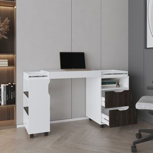 Scrivania per Computer Espandibile San Diego da 54 Pollici con Due Cassetti e Sette Ripiani con Ruote in Bianco Noce Scuro - Product Image 5