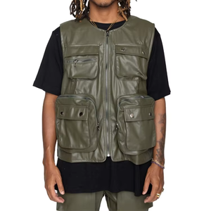 Chaleco de Cuero PU con Bolsillos Cargo, Bolsillos con Cremallera 3D, Forro de Malla Negra, Chaleco de Cuero para Hombre, Chaleco de Motocicleta a la Moda - Product Image 3