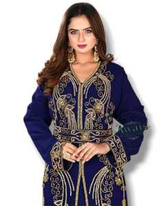 Awais House Women's Navy Blue Beaded Embroidery <b>Chiffon</b> Polyester Floor-Length Modest Dress V-Neck Long Sleeve <b>Jacket</b> Evening - Product Image 2