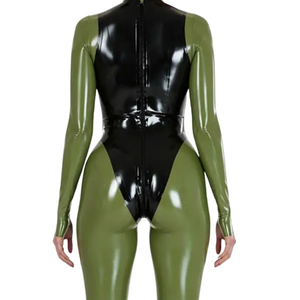 Mono largo de mujer verde oliva con revestimiento de PU, cuello alto, cintura alta, ajustado, de manga larga, con empalmes, estilo clubwear, corte ceñido. - Product Image 6