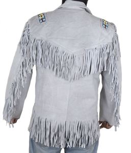 Mens Western Leather <b>Fringe</b> Shirt White Cowboy Pullover Beaded Rodeo Country Wear Long Tassel <b>Top</b> Custom Made Men's Jackets - Product Image 2