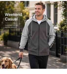 Sweat à capuche tricoté en molleton bicolore 300g pour homme, avec fermeture éclair, blocs de couleur, poches et cordon de serrage, style décontracté et sportif, écoresponsable - Product Image 4