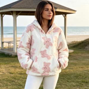 <b>Women's</b> Oversized Hooded Fleece <b>Sweatshirt</b> With Pink Bear Print Full Sleeve Pockets Winter Wear - Product Image 2