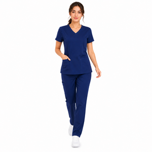 Conjunto de uniforme médico azul marino con cuello en V para mujer, con bolsillos, para uso hospitalario, de color liso, tela tejida, con detección de agujas y fusión sin costuras - Product Image 4