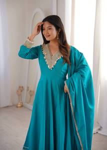 TENNECY New Gown Pair with Embroidered Patch Work Neck and Lace <b>Ankle</b>-Length Party Style ROMAN Material - Product Image 3