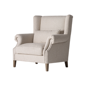 Modern Classic Wingback Lounge <b>Chair</b> Solid Teak Upholstered Accent <b>Chair</b> High Back Nailhead Trim Comfortable Indoor Furniture - Product Image 1