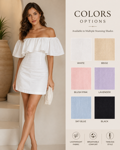 Vestido Corto de Verano para Mujer, Estilo Bohemio, de Algodón y Lino Natural, con Hombros Descubiertos, Corte Evase, Ideal para la Playa o Fiestas, Venta al Por Mayor - Product Image 5