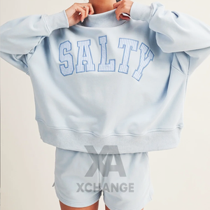 Women's Oversized <b>Light</b> Blue Crew mock neck Sweatshirt With Embroidered Salty <b>Letter</b> Design Drop-Shoulder Full Sleeve Knitted - Product Image 3