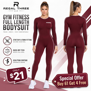 Großhandel Damen Langarm-Bodysuit Rundhals Ganzkörper-Jumpsuit mit Individuellem Logo Bedruckt Fitness Workout Schnelltrocknend - Product Image 1