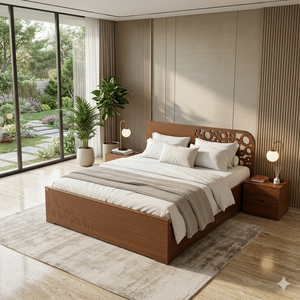 Solid Teak Wooden Platform <b>Bed</b> <b>Frame</b> with Decorative Headboard Storage Midcentury Modern Design - Product Image 3