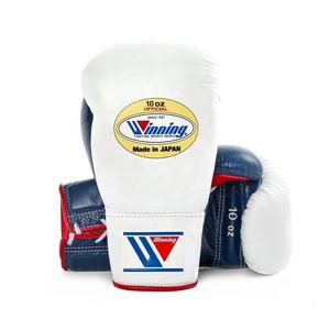Équipement de combat professionnel OEM blanc et bleu marine, gants de boxe Winning en cuir de vachette véritable à lacets pour adultes - Product Image 6