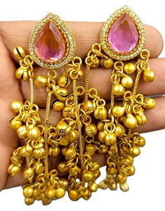 Pendientes Largos Bohemios de Latón Tradicional de Rajastán, Chapados en Oro Antiguo, con Topacio, Joyería Étnica Hecha a Mano, Venta al Por Mayor - Product Image 4