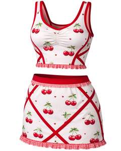 Ensemble jupe deux pièces pour femme, imprimé cerises blanches et rouges, comprenant un crop top sans manches et une mini-jupe taille haute, extensible, tenue d'été - Product Image 1