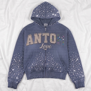 Custom Men's Winter Streetwear Cropped Boxy 180 GSM French Terry Sun Faded Rhinestone Acid Wash Zip-Up <b>Hoodie</b> Cotton/Bamboo - Product Image 6