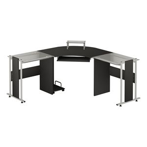 Escritorio Esquinero en Forma de L de 69 Pulgadas con Soporte Elevado para Monitor, Soporte Rodante para CPU, Bandeja Extraíble para Teclado, Superficie de Vidrio, Color Negro - Mesa Premium - Product Image 1