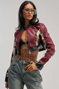 Chaqueta de moto de cuero de doble cara estampada para mujer, manga larga, cuello vuelto, forro de rayón color calabaza, cierre de cremallera, estilo motero negro - Product Image 3
