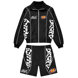 Mens polyester windbreaker short set black <b>white</b> contrast panel design custom heat transfer logo Windbreaker Shorts Set for Men - Product Image 5