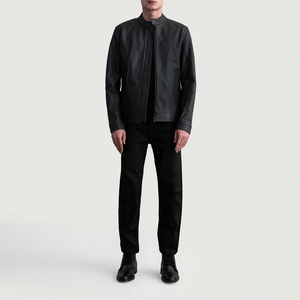 Veste en cuir PU noir pour homme, col montant, fermeture éclair, style motard, coupe ajustée, pour l'automne - Product Image 3