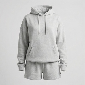Women's 2 Piece Hoodie Shorts <b>Set</b> Solid Gray Fleece Casual Loose Fit Above Knee Sweatshirt and Shorts <b>Twin</b> <b>Set</b> - Product Image 1