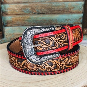 Ceinture en cuir pleine fleur tanné végétal pour homme, style western, avec boucle en laiton gravée de motifs floraux, fabrication artisanale – Grande Vente - Product Image 4