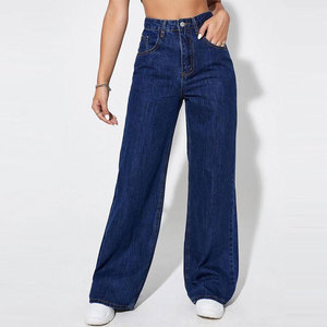 Jeans de mezclilla azul oscuro de cintura alta y pierna ancha para mujer, pantalones casuales de algodón de ajuste holgado de longitud completa con cierre de botones y patrón liso. - Product Image 1
