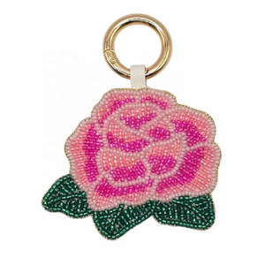 Beaded Rose Flower Keychain Pink Green Leaf Pattern Fashion Bag Charm Accessory - Product Image 1