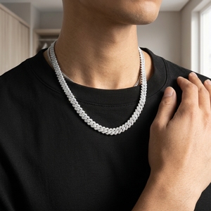 Chaîne à maillons en argent sterling 8 mm, style hip-hop, sertie de diamants VVS cultivés en laboratoire, monture à griffes, en argent massif S925 plaqué or rose et or blanc - Product Image 2