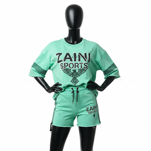 Conjunto de camiseta y pantalones cortos para mujer, algodón premium French Terry 260 GSM, tacto suave, panel en contraste, estampado serigrafiado, logotipo personalizado, conjuntos para mujer - Product Image 6