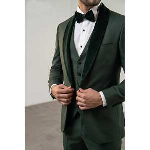 Traje de esmoquin verde oscuro para hombre, estilo británico, de un solo botón, con solapa con muescas, chaleco y pajarita, de tela de lana elástica - Product Image 6