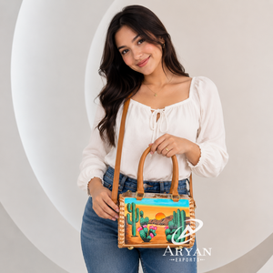 Bolsa de Viaje de Lujo, Nueva Colección, 7.5 Pulgadas, Estilo Duffle, Pintada a Mano con Diseño de Cactus del Desierto, Cuero Vacuno, Bolso de Mano Tipo Duffle para Mujer - Product Image 1