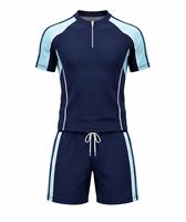 Ensemble de maillot de bain anti-UV à séchage rapide et écologique pour homme, bleu marine, manches longues, blocs de couleur, rayures bleu clair, cordon de serrage