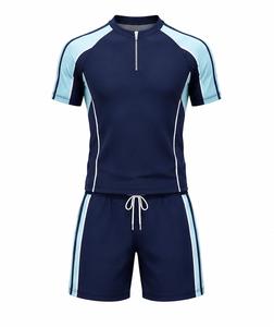 Ensemble de maillot de bain anti-UV à séchage rapide et écologique pour homme, bleu marine, manches longues, blocs de couleur, rayures bleu clair, cordon de serrage - Product Image 1