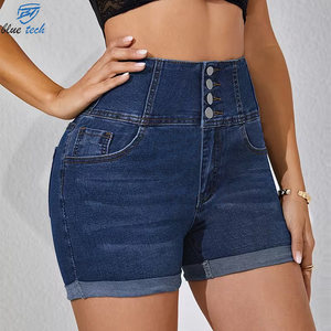 Shorts de Mezclilla para Mujer, Cintura Alta, Elásticos, Moda Verano, Casuales, Azules, con Ribete de Encaje, Desgastados, OEM - Product Image 3
