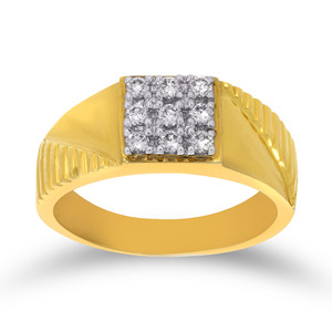 A Proposing Diamond <b>Mens</b> Band <b>Ring</b> <b>Men</b>’s 18K Yellow Gold <b>Ring</b> Round Cut Diamond Cluster in a Square Setting on a Textured - Product Image 1