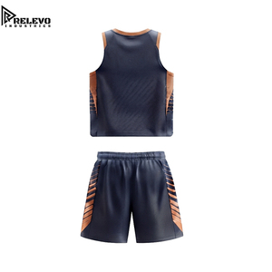 ชุดเสื้อบาสเก็ตบอลคอวีและกางเกงขาสั้น OEM รุ่น Contrast Trim สีกรมท่า ชุดกีฬาพร้อมแถบข้างลายทางสีส้มทองแดง - Product Image 2