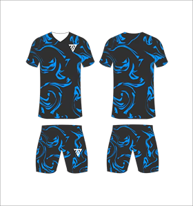 Custom sublimated <b>soccer</b> uniform set for men with black and vibrant blue marble swirl pattern print jersey and matching shorts - Product Image 1