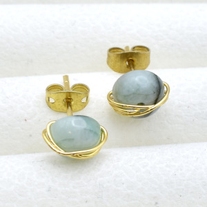 <b>Emerald</b> Wire Wrap Earrings 8mm | Round Green Gemstone <b>Studs</b> | Dainty Birthstone Jewelry - Product Image 3