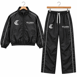 Unisex Black Hooded Tracksuit Set With <strong>White</strong> Stripe Casual Lightweight Polyester <strong>Joggers</strong> And Jacket For Adults Autumn Wear - Product Image 2