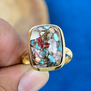 Bague en turquoise cuivrée d'huître bleue épineuse naturelle, plaqué or 18 carats sur argent sterling 925 - Product Image 2