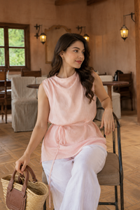 OEM Custom Bulk Supplier Women Casual Sleeveless Cotton <b>Linen</b> Blouse Elegant Cowl Neck <b>Top</b> Vintage Bohemian Adjustable Waist Tie - Product Image 4