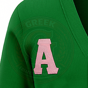 Cárdigan de punto acrílico verde y rosa Sorority Alpha para mujer, suéter con bordado griego, cuello en V, manga larga, estilo collage - Product Image 4