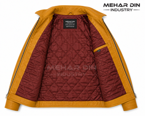 Premium Mustard Yellow Sheepskin Leather <b>Jacket</b> Unisex Winter Zipper Stand Collar OEM Service Finished Casual Fashion Outerwear - Product Image 5